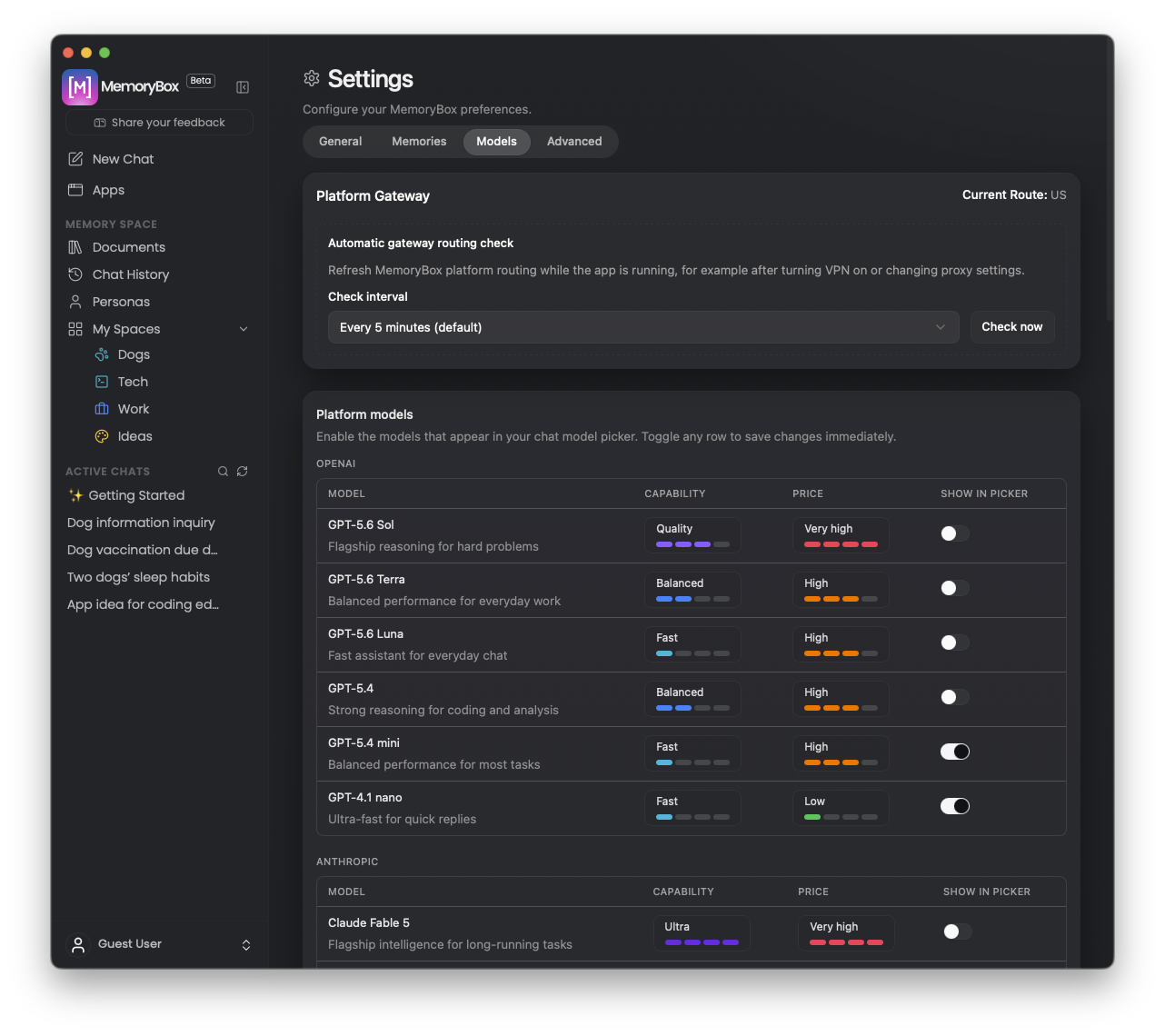 Platform Models Settings View