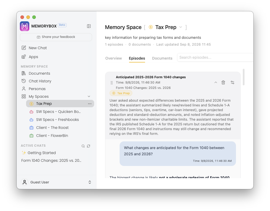 MemoryBox Desktop App Showing Synced Chat in My Spaces
