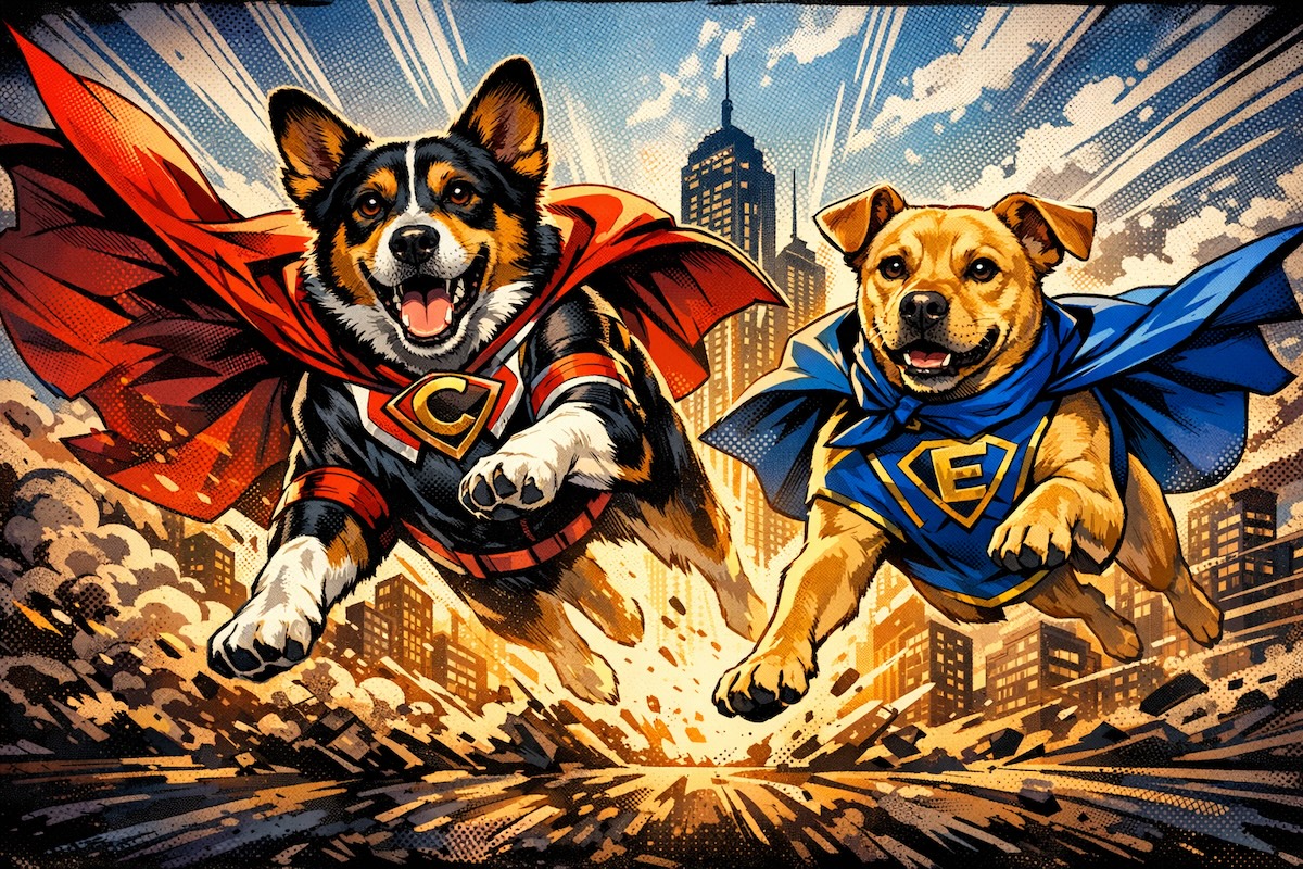 Image Generated in [M] with the prompt "Generate a single image of my two dogs (photos attached), illustrated as comic book superheroes."